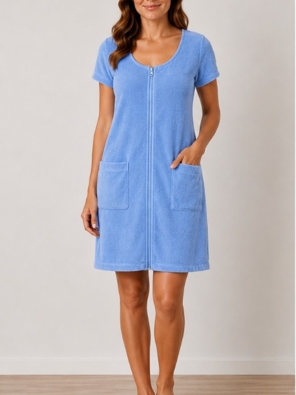 Zip Front Terry Short Sleeve Dress/Coverup With 2 Pockets